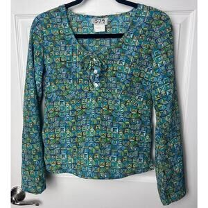 579 Long Sleeve Bell Sleeve Top 90s Geometric Pattern Blouse Shirt Size Small